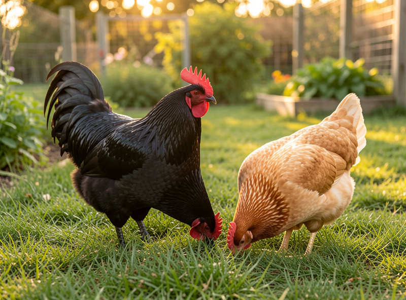 A large black Jersey Giant and a buff Orpington foraging together in a backyard run