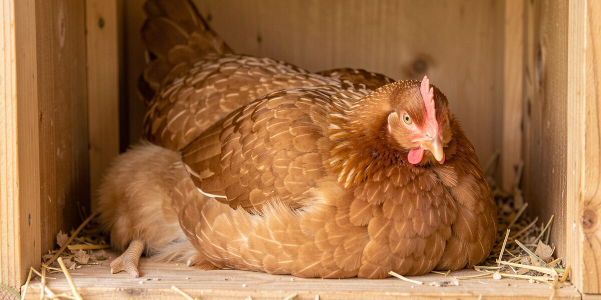Broody hen sitting flat and puffed up in a nesting box