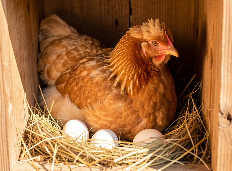 A broody hen sitting tightly on a clutch of eggs in a quiet nest box