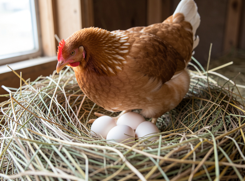 A broody hen lifting slightly off her clutch of eggs during her daily break