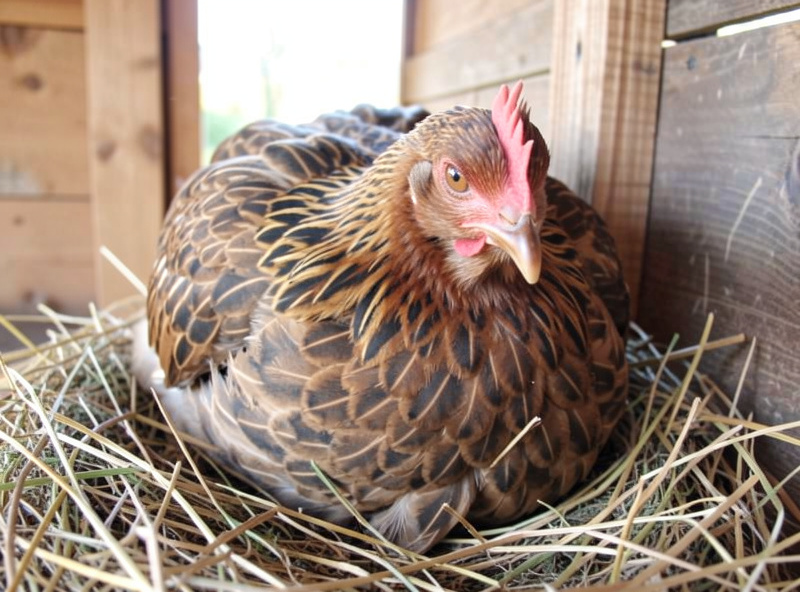 A broody hen sitting flat and puffed up in a nesting box, defending the nest