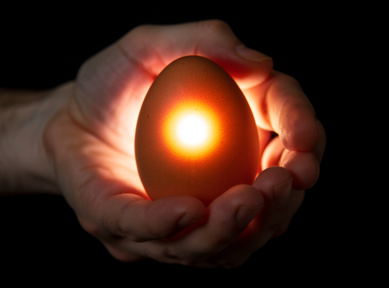 A keeper candling a chicken egg in a dark room, bright light glowing through the shell