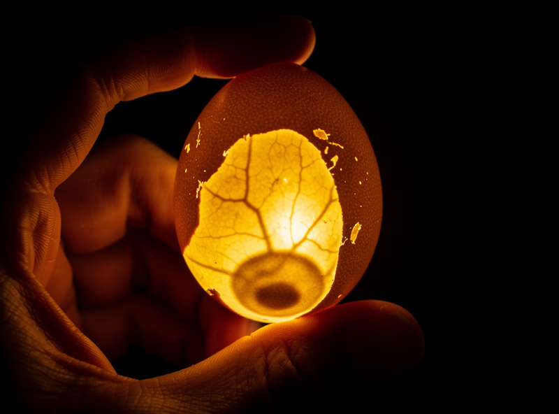 Hand holding a brown egg against a bright LED candler in a dark room showing the glowing interior