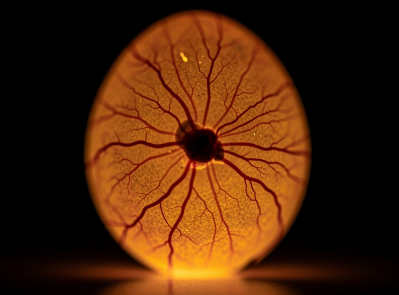Candled fertile egg around day seven showing a spider web of blood vessels and a small dark embryo