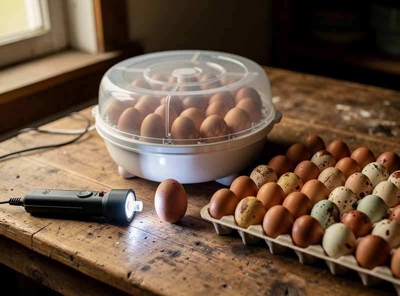 Egg candler, small incubator, and a tray of fertile eggs arranged on a workbench