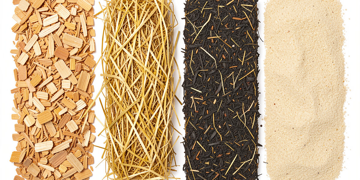 Four chicken coop bedding types compared: pine shavings, straw, hemp, and sand