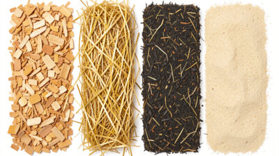 Four chicken coop bedding types compared: pine shavings, straw, hemp, and sand