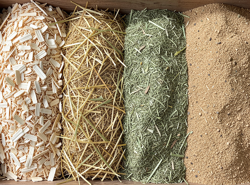 Comparison of four chicken coop bedding materials side by side: pine shavings, straw, hemp, and coarse sand in separate piles