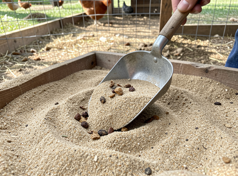 Coarse construction sand in a chicken coop run being sifted with a scoop to remove dried droppings