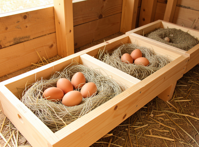 Clean nesting boxes lined with soft hemp bedding and fresh eggs inside a wooden chicken coop