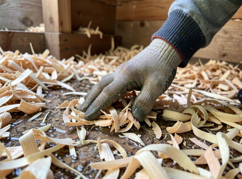 Keeper checking damp litter under a chicken coop roost where ammonia forms
