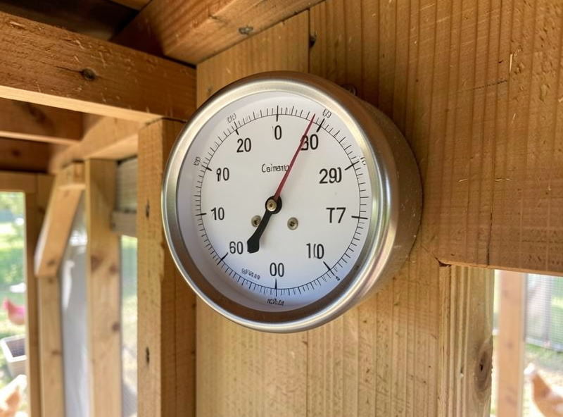 Wall-mounted hygrometer inside a chicken coop showing humidity reading