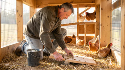 Keeper doing routine chicken coop cleaning, scraping a poop board