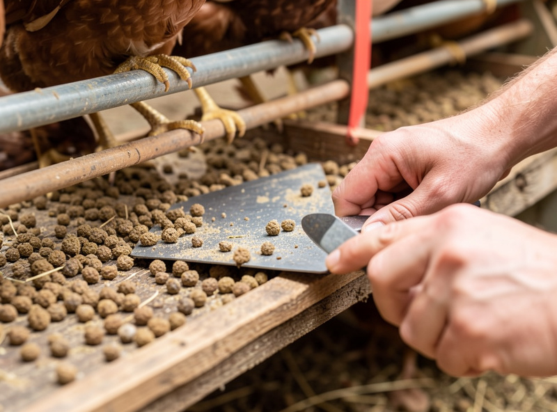 Keeper scraping the overnight droppings off a poop board under the roost bars of a chicken coop with a flat scraper