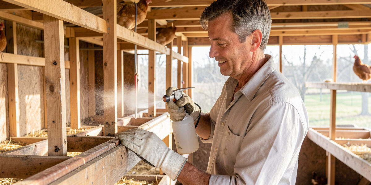Treating a chicken coop against red mites by spraying the bare roost joints