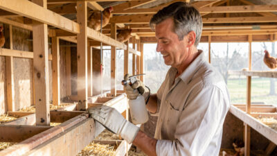 Treating a chicken coop against red mites by spraying the bare roost joints