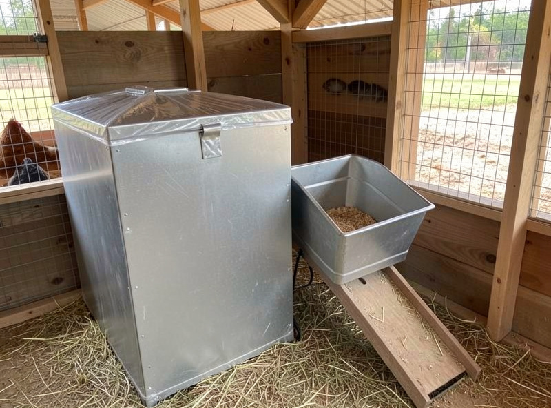 Metal feed storage bin and a treadle feeder in a chicken coop set up to exclude rats and mice
