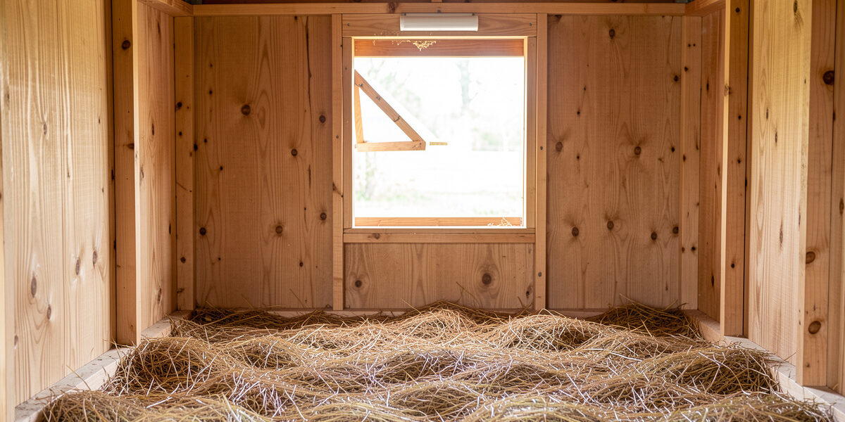 Fresh, dry, well-ventilated chicken coop interior with clean pine litter