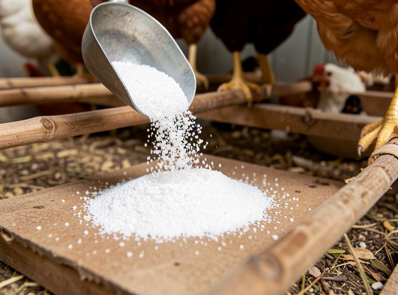 Sprinkling granular zeolite PDZ ammonia binder onto a poop board under the roost in a chicken coop
