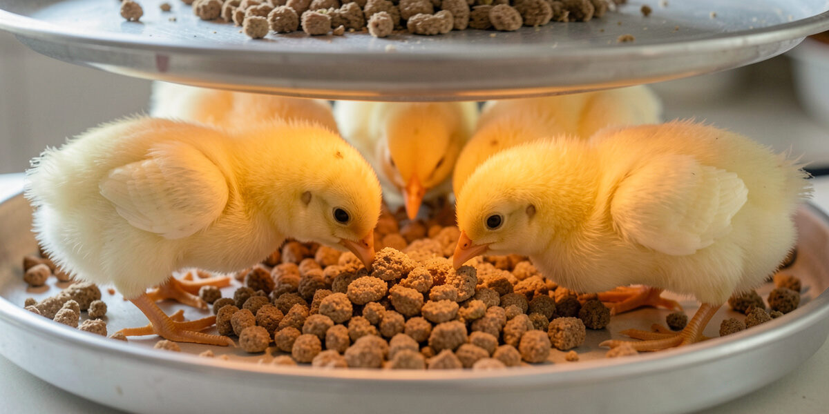 Chicks, pullets and laying hens representing chicken feed protein needs by age