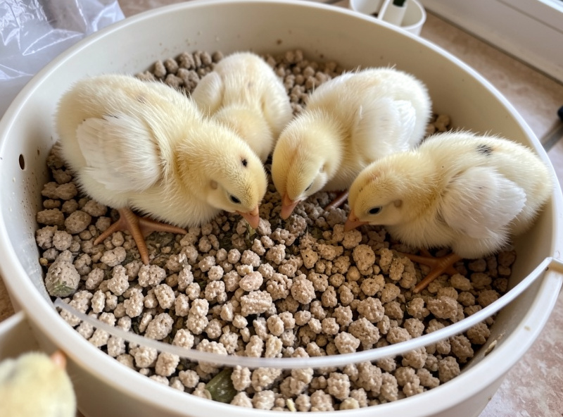 Day-old chicks feeding on high-protein starter crumble under a brooder plate
