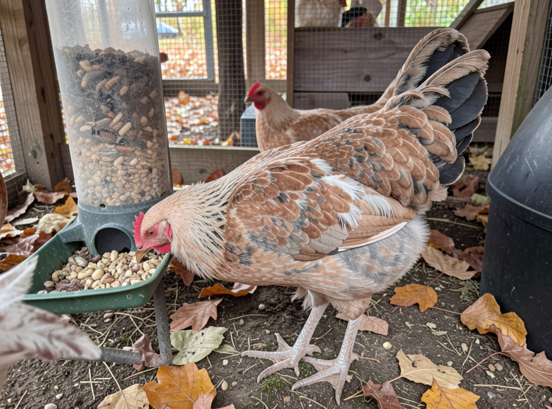 A molting hen with patchy feathers eating higher-protein all-flock feed