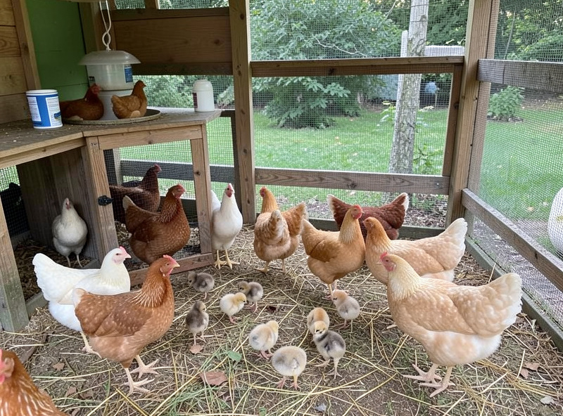 A single all-flock feeder serving a mixed-age flock of chicks, pullets and hens