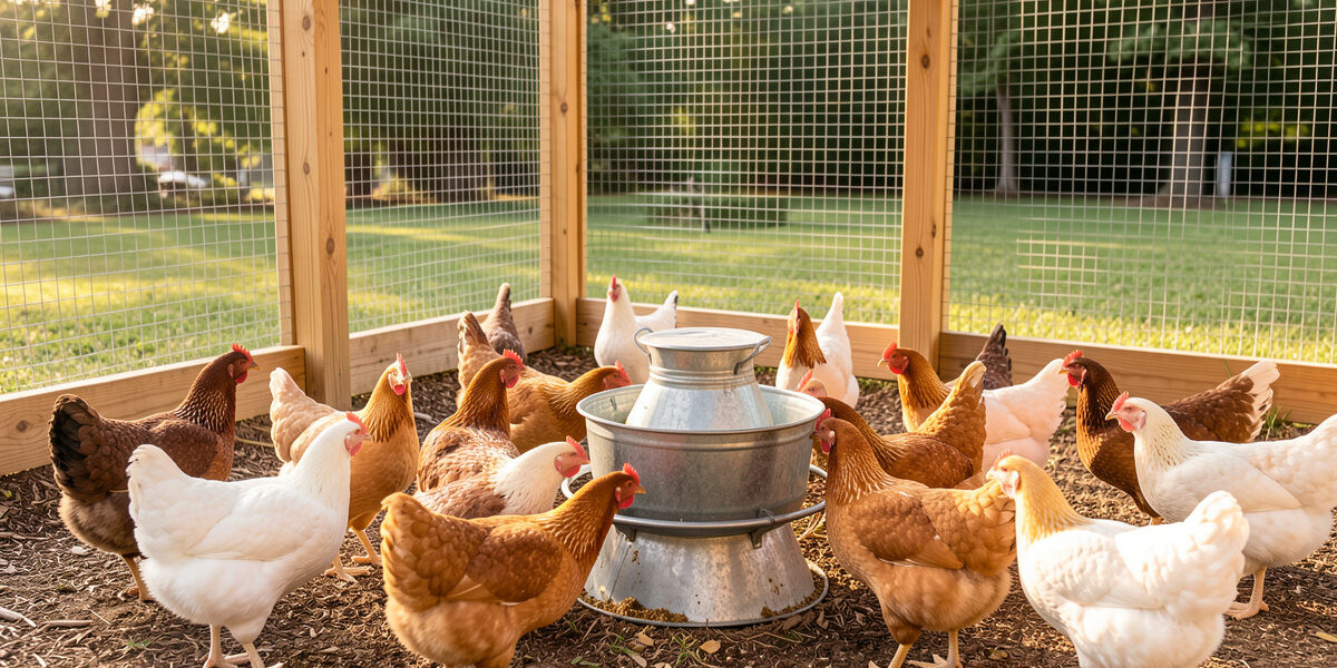 Backyard chickens at a feeder with layer feed, grit and oyster shell for complete nutrition