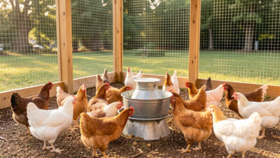 Backyard chickens at a feeder with layer feed, grit and oyster shell for complete nutrition
