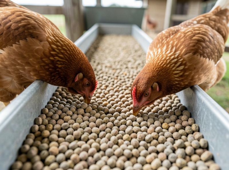 Backyard laying flock feeding from a gravity feeder filled with complete layer pellets