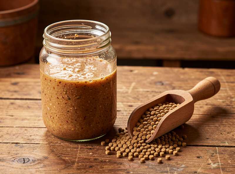Jar of fermented chicken feed mash beside a scoop of dry complete pellets on a workbench