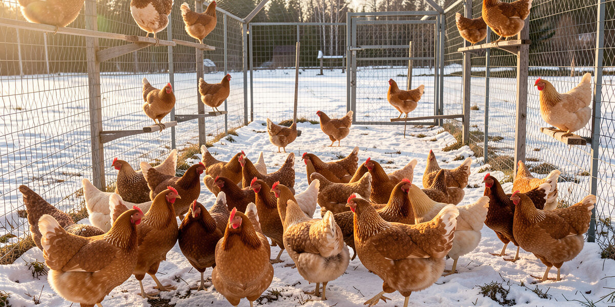 Mixed cold-hardy backyard flock foraging calmly in a spacious snow-dusted run