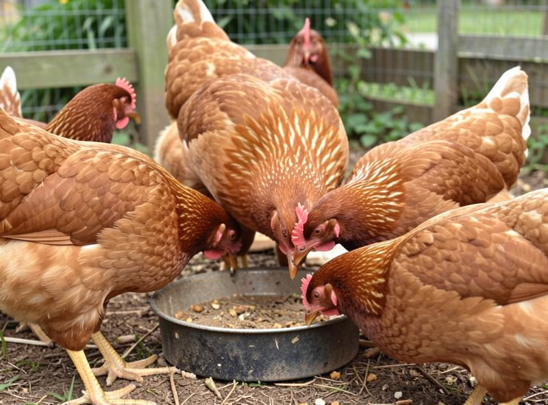 Backyard flock of mixed cold-hardy hens establishing pecking order around a feeder in a spacious run