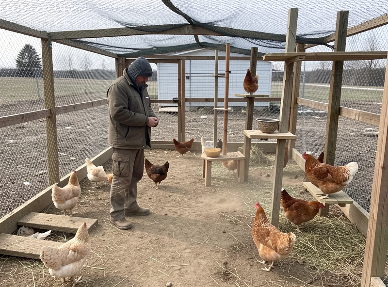 Keeper observing flock behavior in a cold-climate run with hardware cloth fencing and enrichment perches