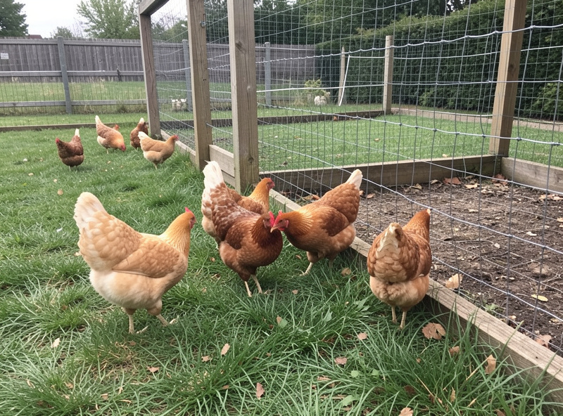 Free-ranging hens foraging on grass beside a secure run with electric poultry netting in a backyard