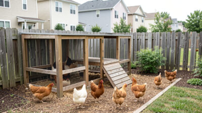 Tidy backyard chicken coop near a residential fence with calm hens