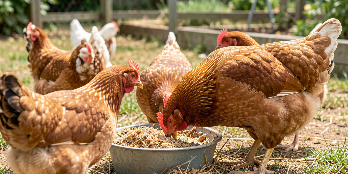 Backyard hens at a feeder showing the pecking order, dominant hen feeding first