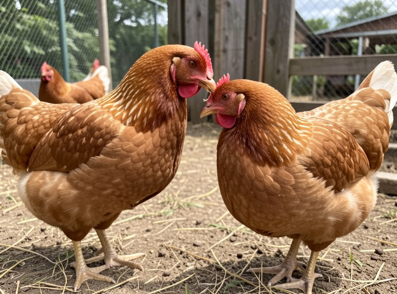 Hens arranged at a feeder showing pecking order, dominant hen feeding while subordinate birds wait