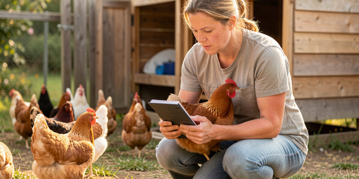 A backyard chicken keeper holding a hen while reviewing breed requirements beside a coop