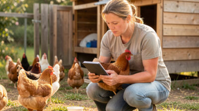 A backyard chicken keeper holding a hen while reviewing breed requirements beside a coop