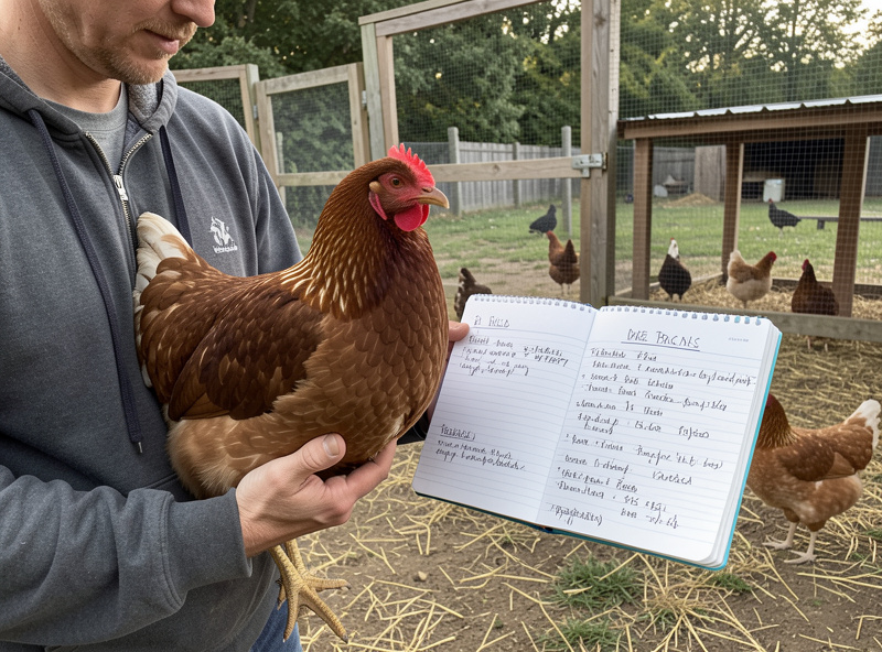 A keeper holding a hen and comparing it against a notebook of breed requirements beside a backyard coop