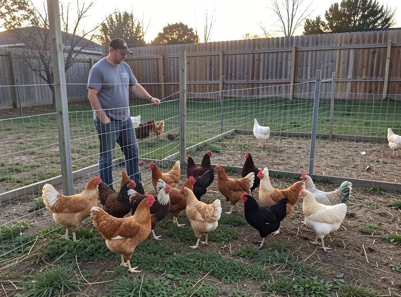 A backyard keeper assessing a mixed flock of hens in a run to decide on breed selection