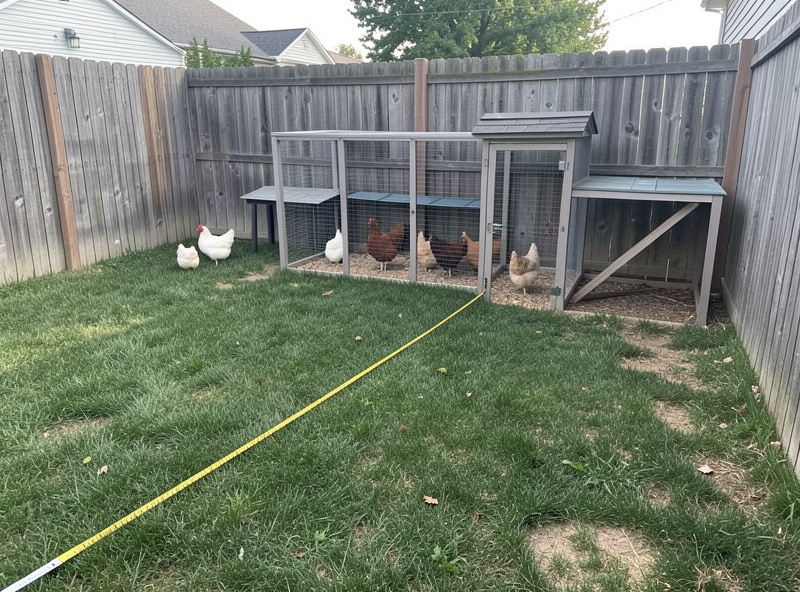 A backyard chicken coop set back from the fence line with a tape measure illustrating the setback distance