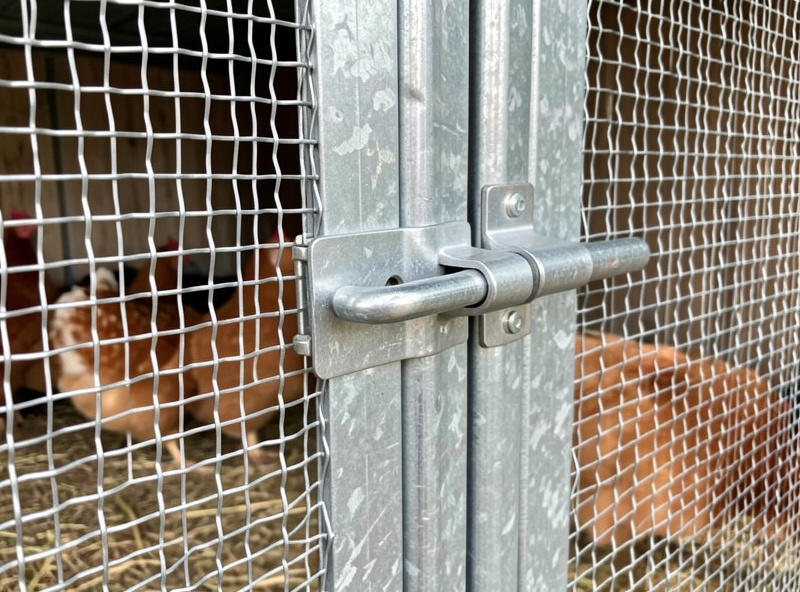 Close-up of a coop run wall built from half-inch hardware cloth with secure latches meeting enclosure requirements