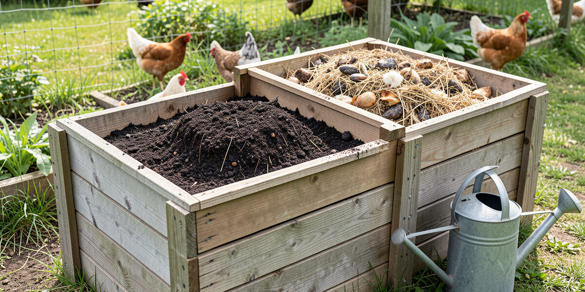 Three-bin compost system turning chicken coop bedding and manure into dark garden compost