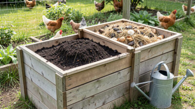Three-bin compost system turning chicken coop bedding and manure into dark garden compost