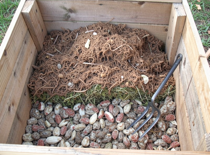 A compost pile being built in layers of brown coop bedding and chicken manure in a wooden three-bin composter