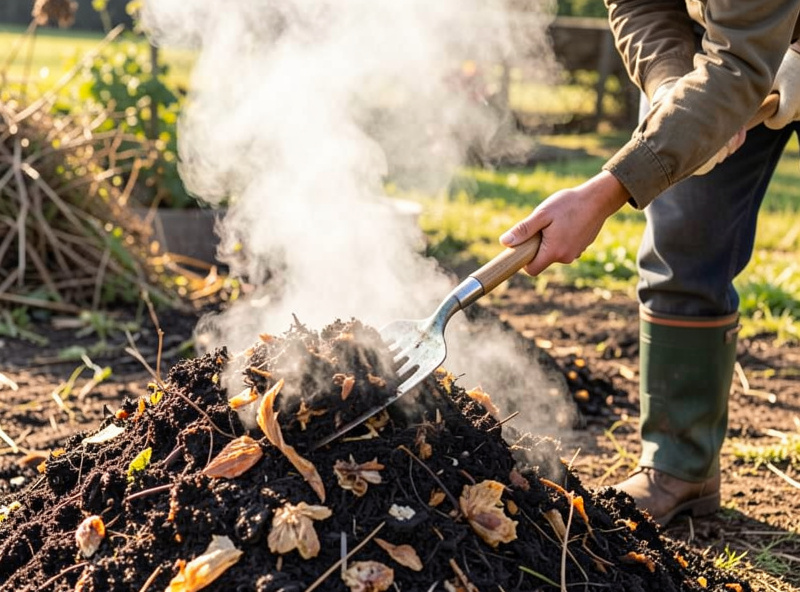 Gardener turning a steaming hot compost pile of chicken manure and bedding with a fork, showing dark broken-down material