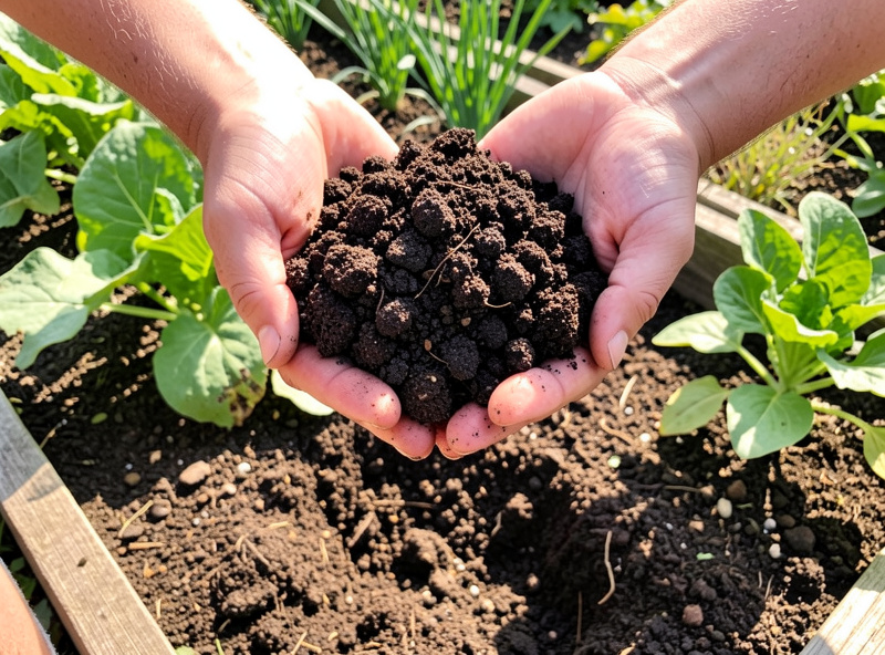 Finished dark crumbly chicken manure compost held in two hands above a garden bed, fully cured and ready to use