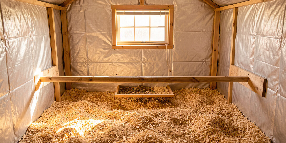 Clean insulated walk-in chicken coop interior with pine shaving deep litter and a roost poop board